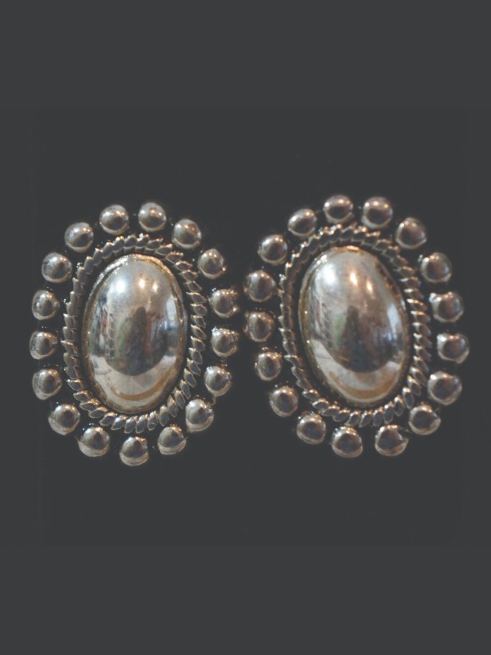 Vintage Airess Sterling Silver 925 Oval Beaded Concho Statement Stud Earrings 1"